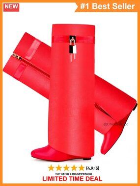 Women's Fold Over Knee High Shark Boots 4-Inch Wedge Heel Side Zipper